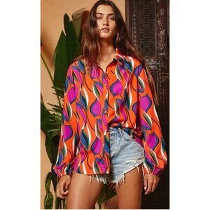 NWT Vibrant Orange and Pink Women's Button Down Blouse